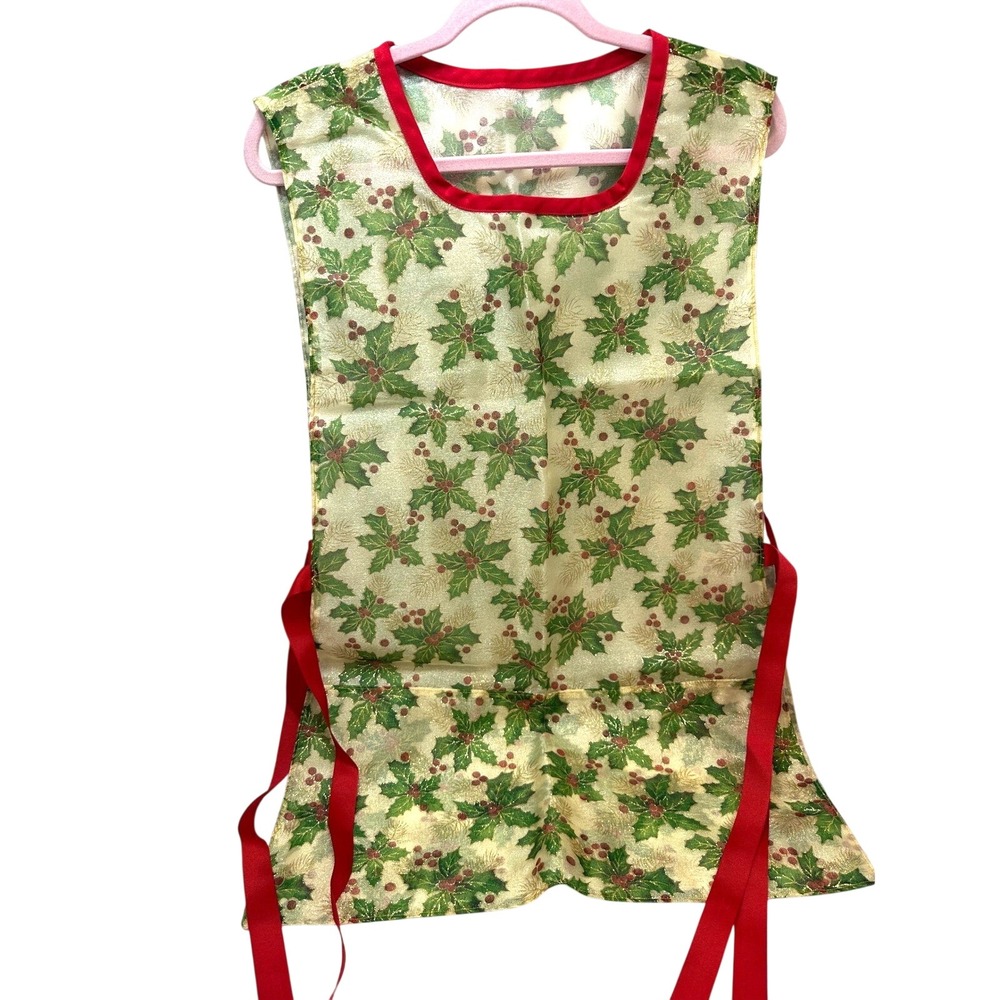 New Handmade Vtg Christmas Holly Tabard Apron Metallic Gold Grn Smock Pockets